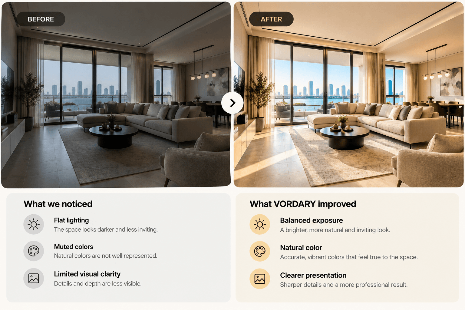 Before and after: a living room shown with flat lighting and muted colors, then with balanced exposure and natural color after VORDARY enhancement