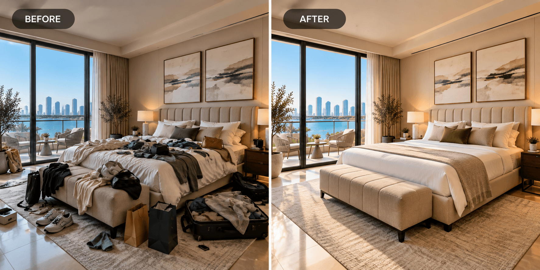 Before and after: a bedroom shown cluttered with clothing, bags, and luggage, then the same room clean, organized, and listing-ready after VORDARY's visual cleanup