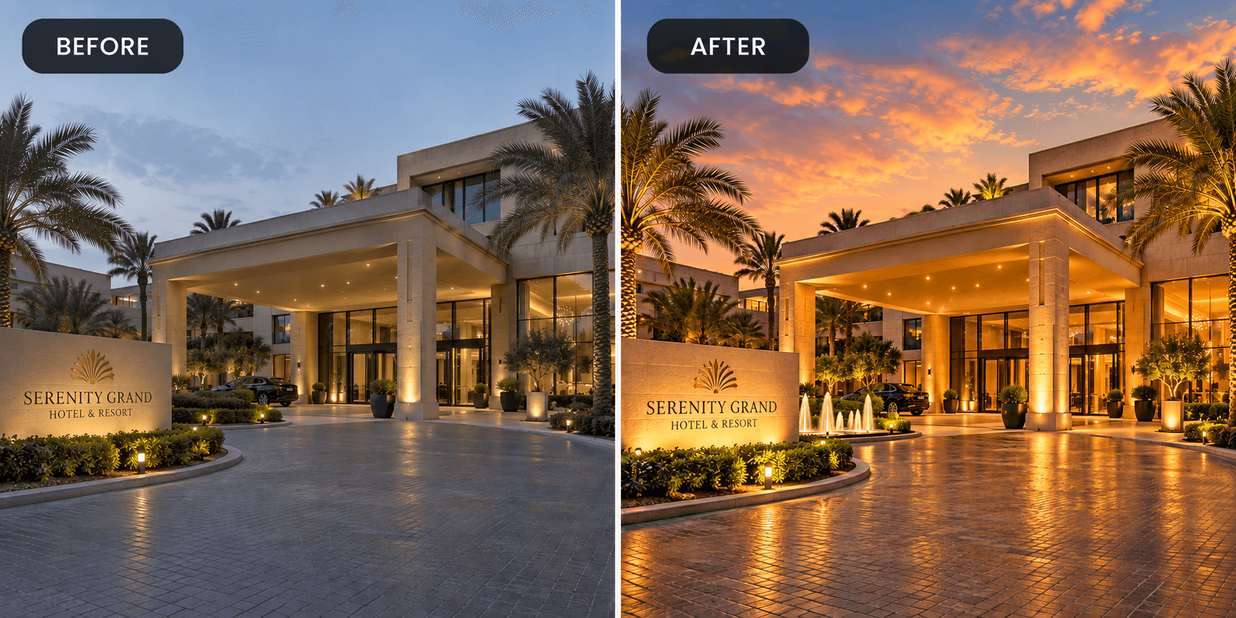 Before and after: a hotel entrance and exterior shown with flat evening lighting, then with balanced, inviting lighting after VORDARY's enhancement