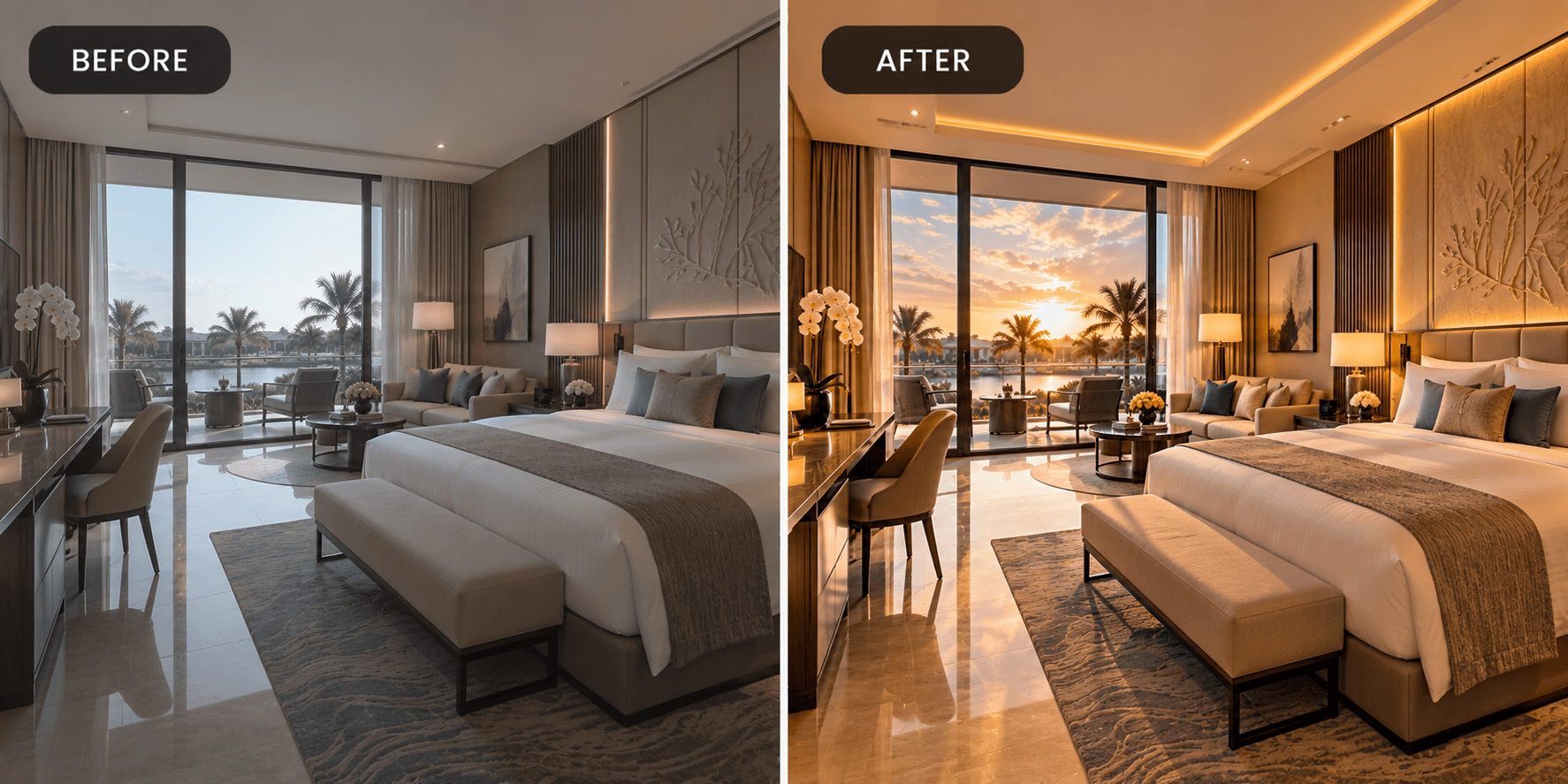 Before and after: a hotel guest room shown with flat color and exposure, then with balanced, natural presentation after VORDARY's enhancement