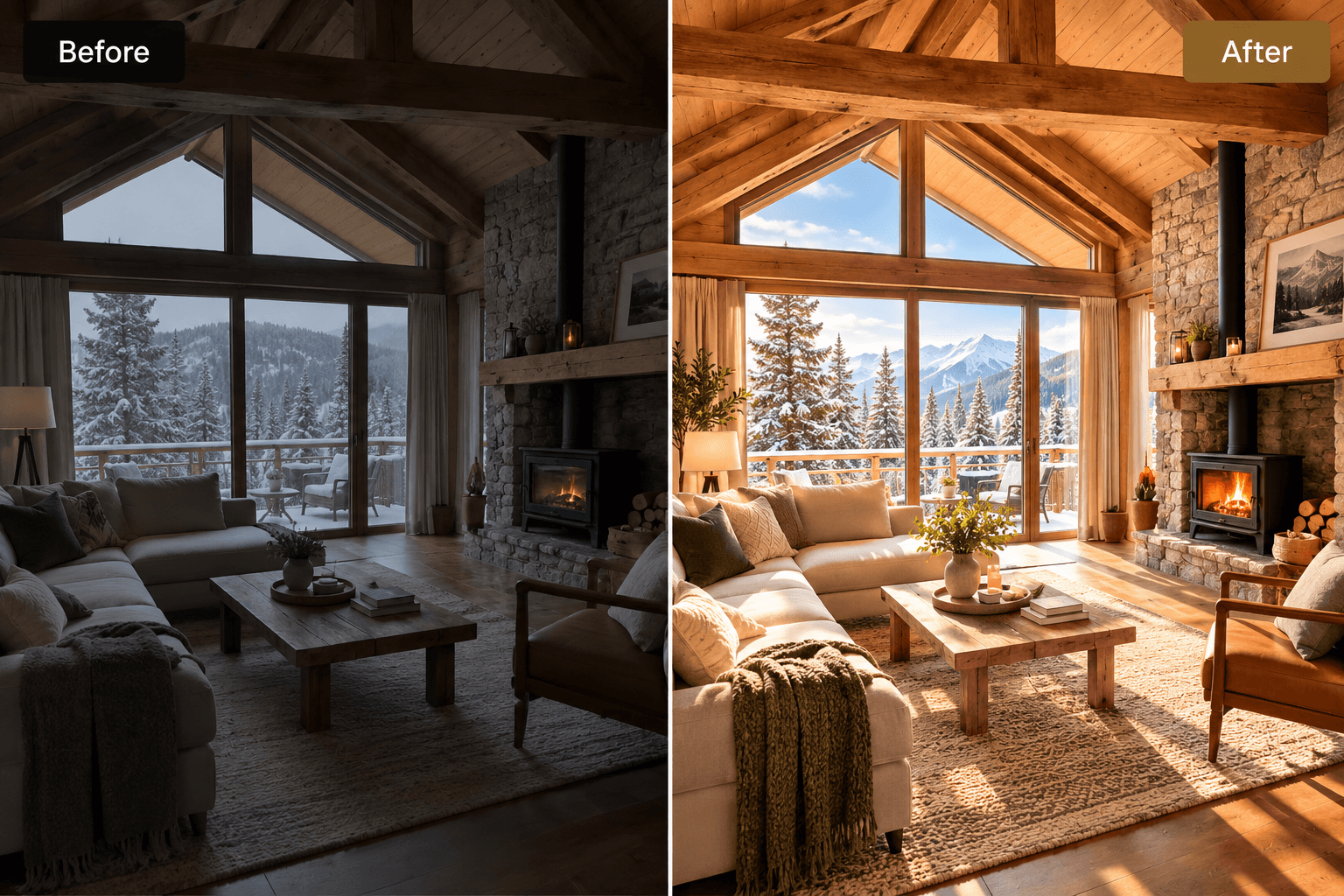 Before and after: a mountain cabin living room shown dim and flat, then bright and warmly presented after VORDARY's enhancement
