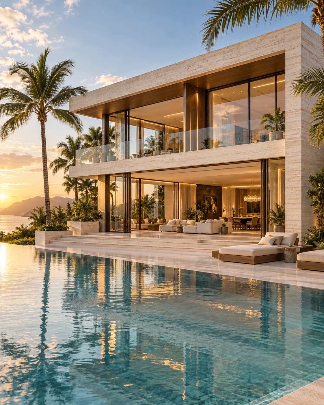 AI-generated luxury villa with sunlit stone, glass and a reflecting pool